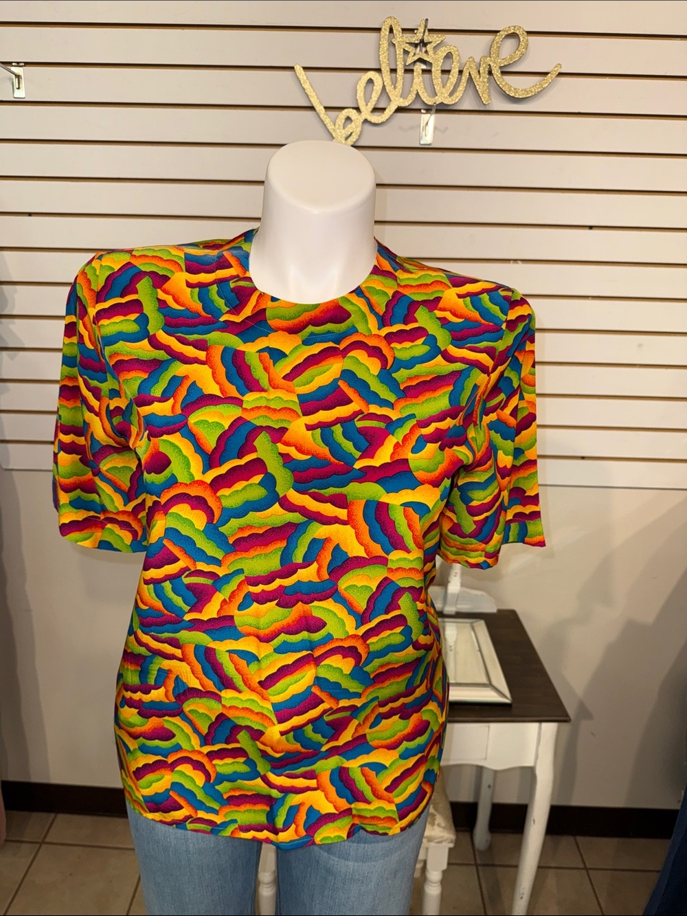 Vintage Evan Picone Vibrant Multicolor Wave-Print Women's Top